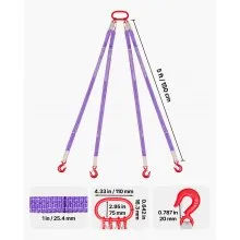 VEVOR Lifting Sling Straps, Four Leg Polyester Bridle Sling with Hooks, 6600LB Capacity, 5Ft Heavy Duty Rigging Strap, Thickened & Wear-Resistant Webbing Slings for Engines Cranes Hoists Truck