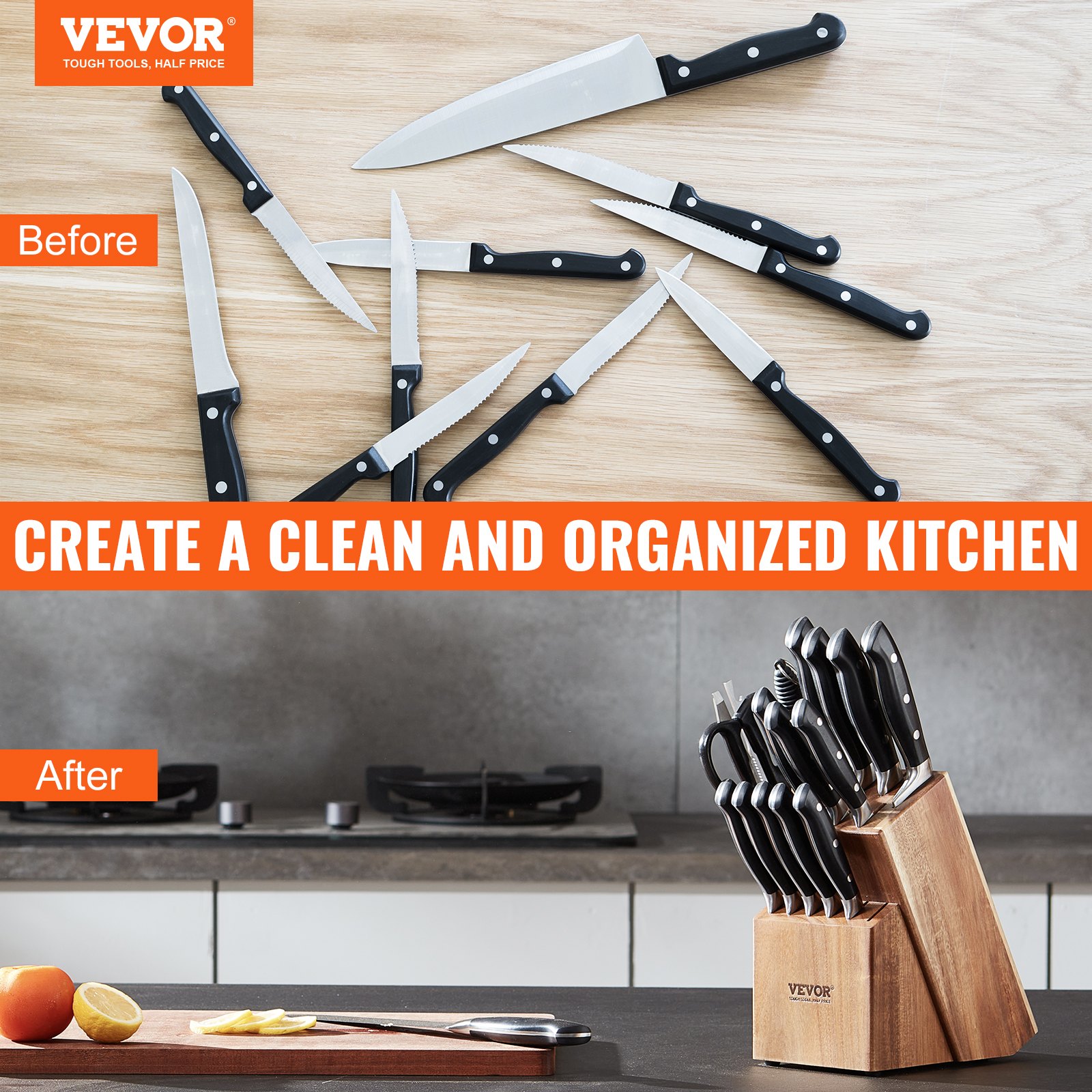 VEVOR knife storage block: before and after kitchen with scattered and neatly organized knives.
