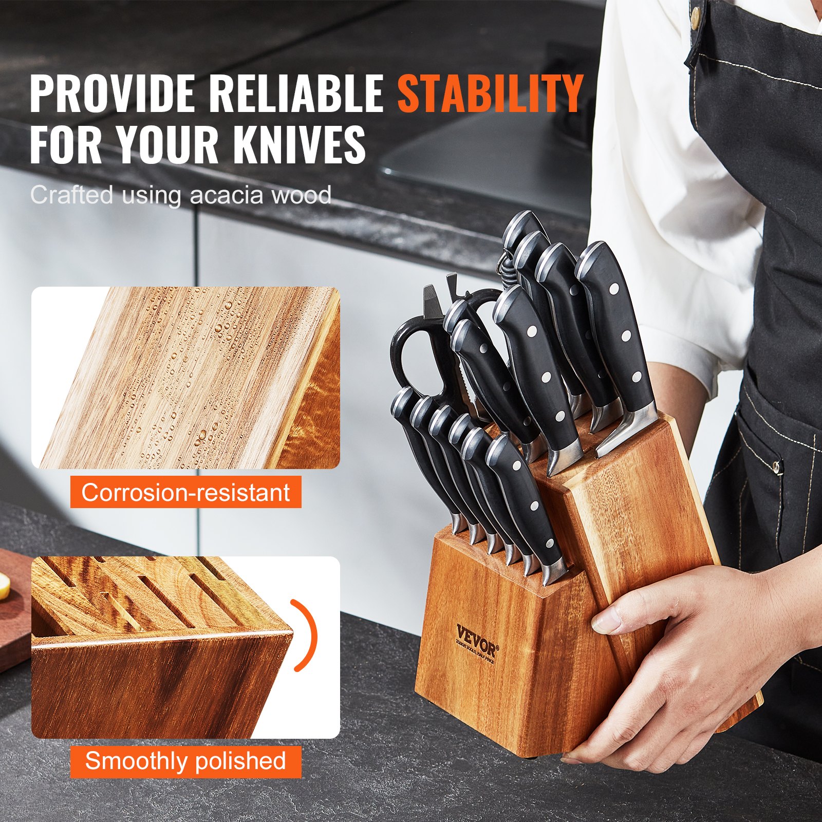 VEVOR knife storage block crafted from acacia wood, corrosion-resistant and smoothly polished.