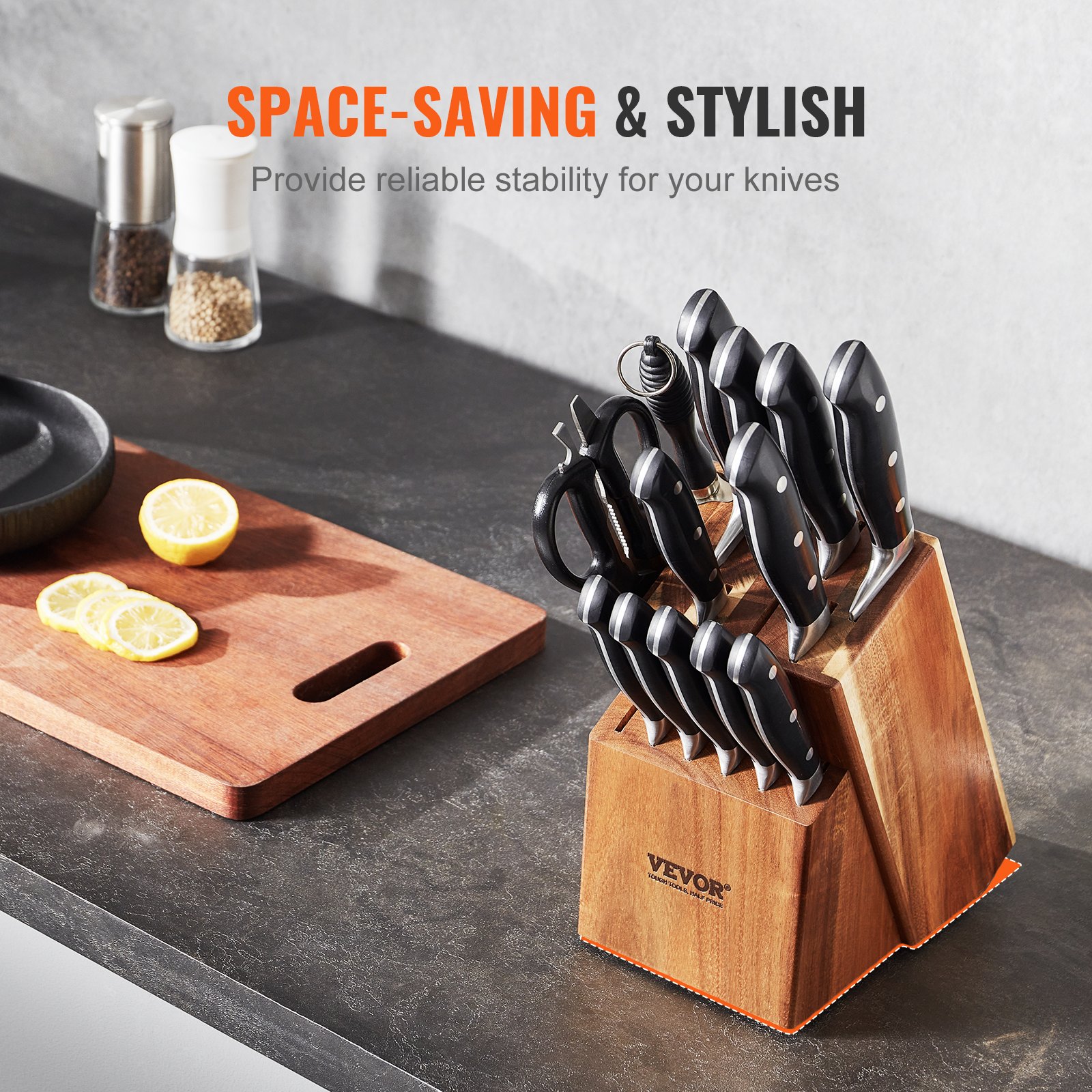 VEVOR knife set with block, scissors, and cutting board on a modern kitchen counter.