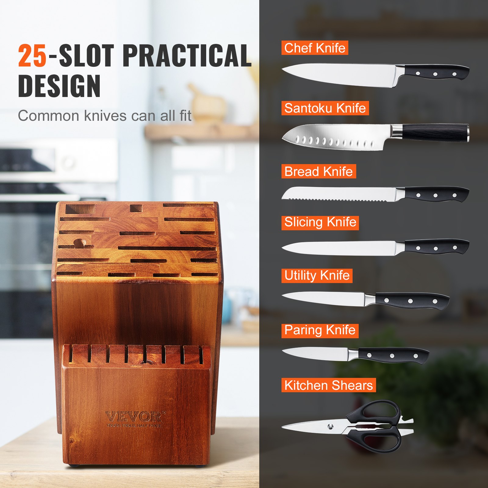 VEVOR Knife Storage Block 25 Slots, Acacia Wood Universal Knife Holders Without Knives, Large Countertop Butcher Block Knife Organizer, Multifunctional Knife Rack Stand for Easy Kitchen Storage