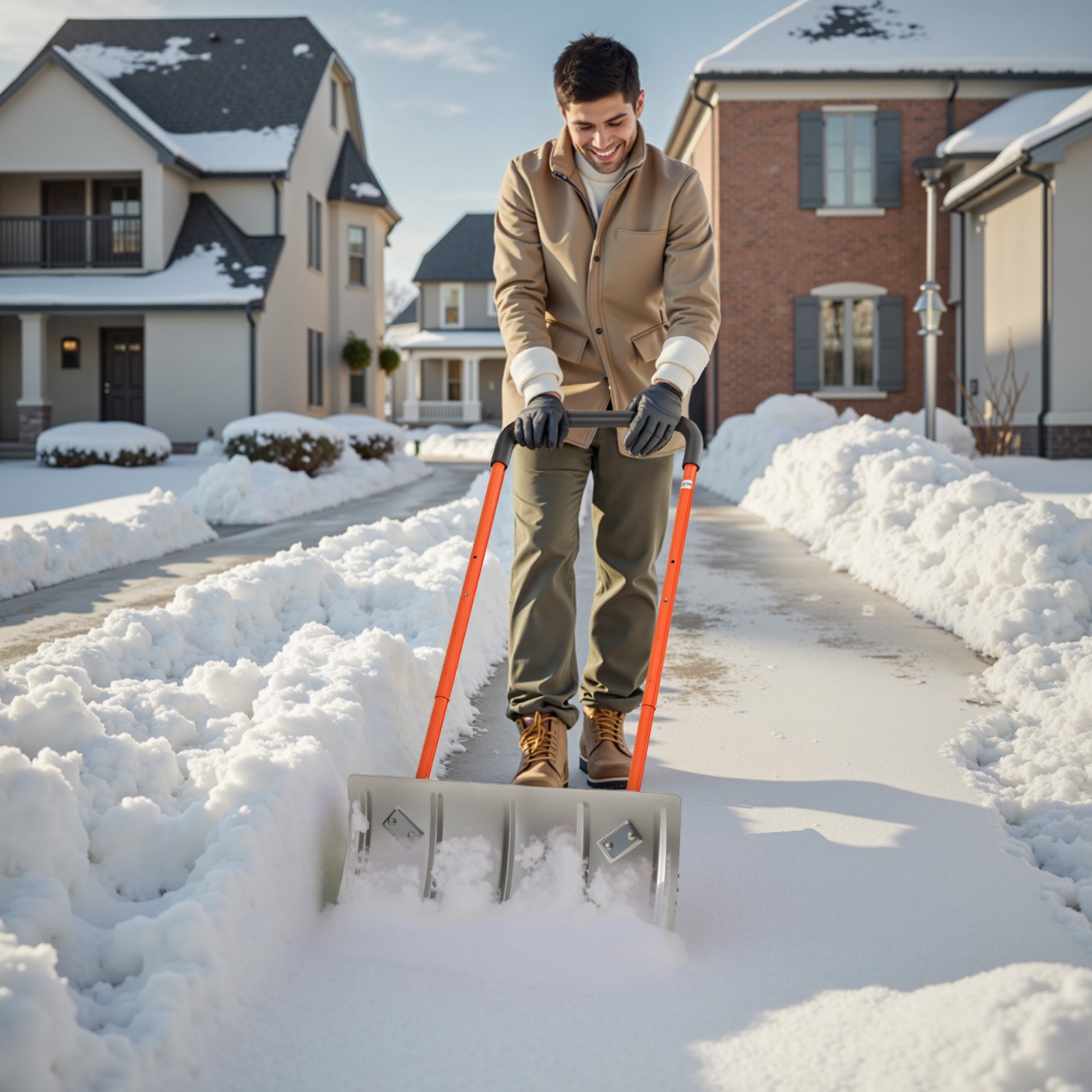 VEVOR Snow Pusher Shovel with Wheels, 24 in Wheeled Snowplow Shovel with Bi-Directional Angled Blade & 90 Degree Adjustable Handle, Metal Winter Shovels, Portable Snow Removal Tool for Driveway Garden