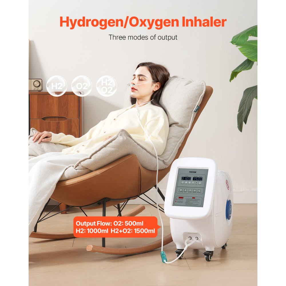 Máquina de inhalación de hidrógeno VEVOR, inhalador de hidrógeno de alta pureza al 99,99 %, inhalador de oxígeno e hidrógeno de doble puerto con separación de H2O de 1500 ml/min (1000 H+500 O), generador de agua rica en hidrógeno con ruedas para el hogar.