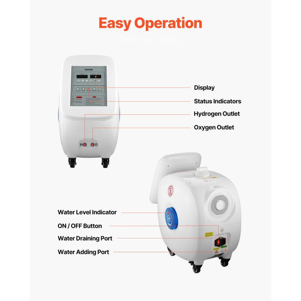 Máquina de inhalación de hidrógeno VEVOR, inhalador de hidrógeno de alta pureza al 99,99 %, inhalador de oxígeno e hidrógeno de doble puerto con separación de H2O de 1500 ml/min (1000 H+500 O), generador de agua rica en hidrógeno con ruedas para el hogar.