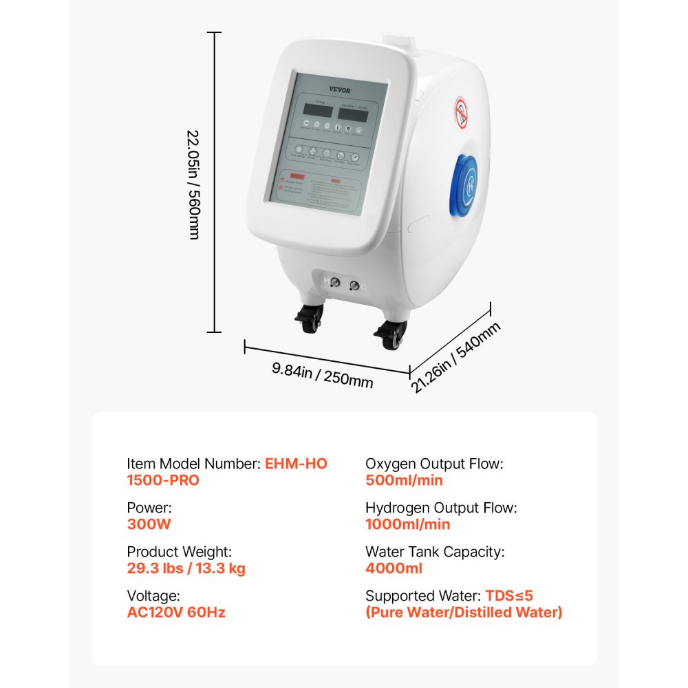 Máquina de inhalación de hidrógeno VEVOR, inhalador de hidrógeno de alta pureza al 99,99 %, inhalador de oxígeno e hidrógeno de doble puerto con separación de H2O de 1500 ml/min (1000 H+500 O), generador de agua rica en hidrógeno con ruedas para el hogar.