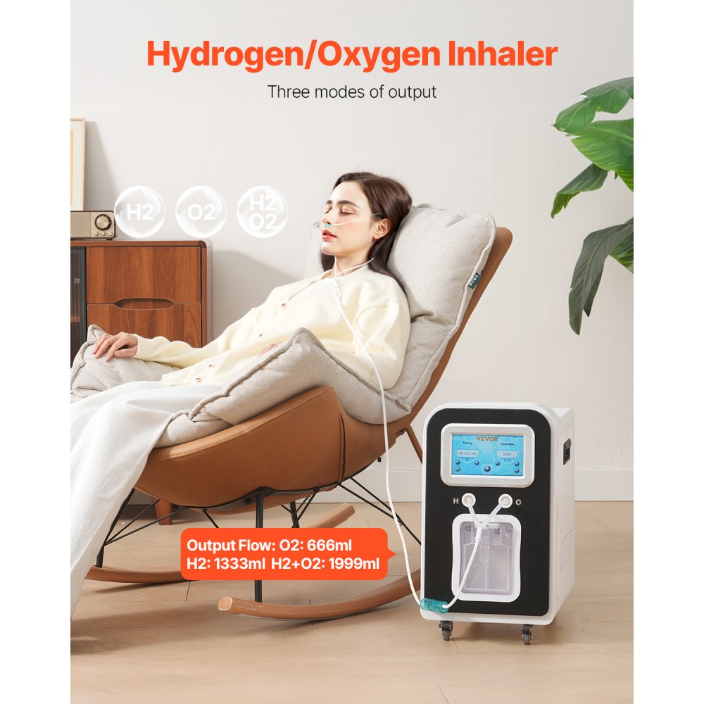 Máquina de inhalación de hidrógeno VEVOR, inhalador de hidrógeno de alta pureza al 99,99 %, inhalador de oxígeno e hidrógeno de doble puerto con separación de H2O de 1800 ml/min, generador de agua rica en hidrógeno con ruedas para viajes en casa.