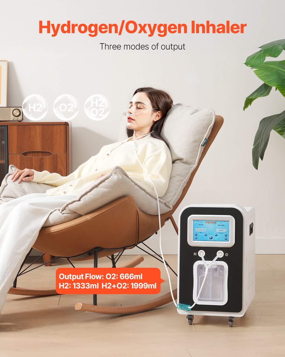 Máquina de inhalación de hidrógeno VEVOR, inhalador de hidrógeno de alta pureza al 99,99 %, inhalador de oxígeno e hidrógeno de doble puerto con separación de H2O de 1800 ml/min, generador de agua rica en hidrógeno con ruedas para viajes en casa.