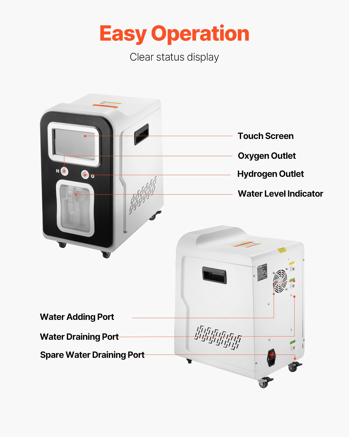 Máquina de inhalación de hidrógeno VEVOR, inhalador de hidrógeno de alta pureza al 99,99 %, inhalador de oxígeno e hidrógeno de doble puerto con separación de H2O de 1800 ml/min, generador de agua rica en hidrógeno con ruedas para viajes en casa.