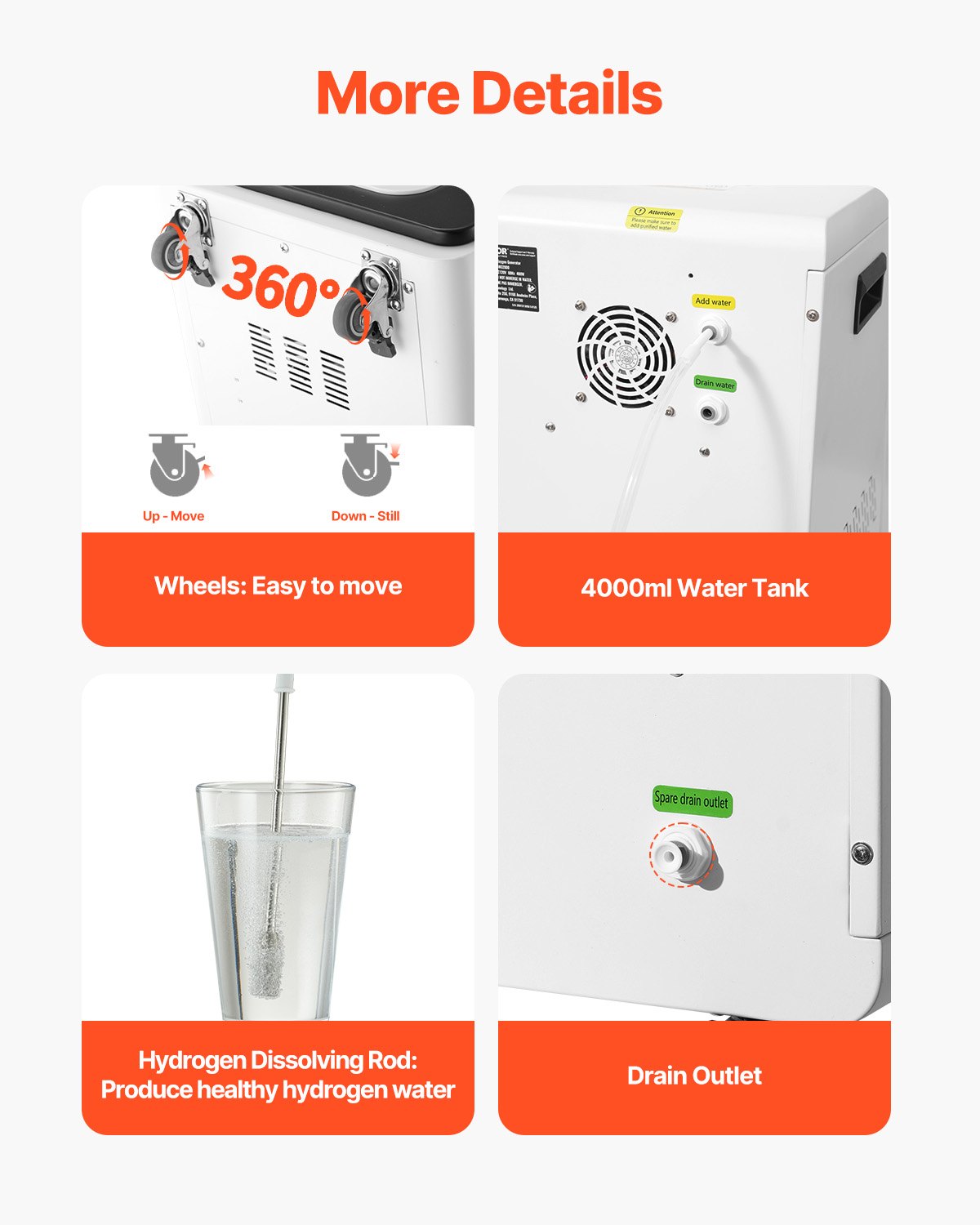Máquina de inhalación de hidrógeno VEVOR, inhalador de hidrógeno de alta pureza al 99,99 %, inhalador de oxígeno e hidrógeno de doble puerto con separación de H2O de 1800 ml/min, generador de agua rica en hidrógeno con ruedas para viajes en casa.