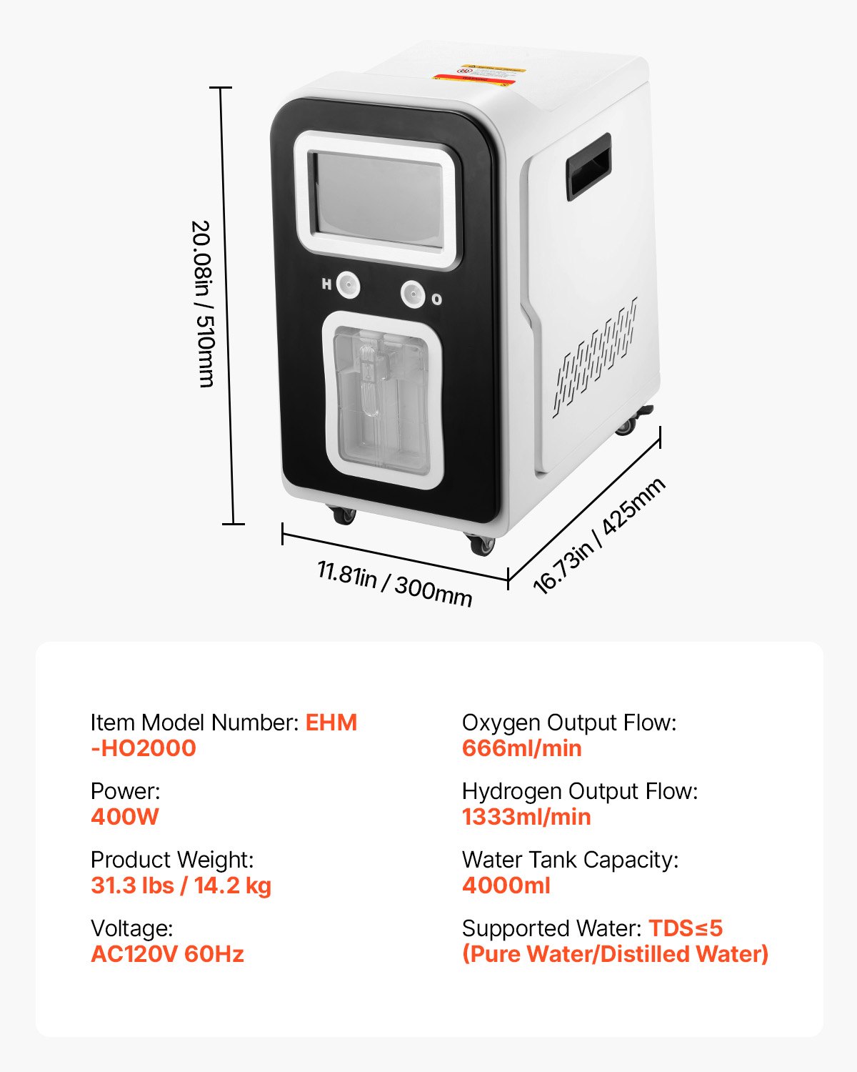 Máquina de inhalación de hidrógeno VEVOR, inhalador de hidrógeno de alta pureza al 99,99 %, inhalador de oxígeno e hidrógeno de doble puerto con separación de H2O de 1800 ml/min, generador de agua rica en hidrógeno con ruedas para viajes en casa.