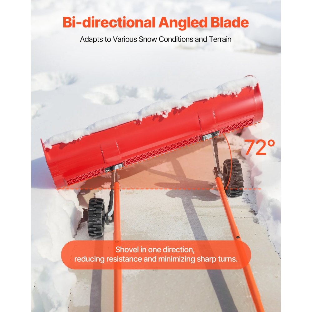 VEVOR Snow Pusher Shovel with Wheels, 37.8 in Wheeled Snowplow Shovel with Bi-Directional Angled Blade & 90° Adjustable Handle, Durable Plastic Winter Shovels, Portable Snow Removal Tool for Driveway