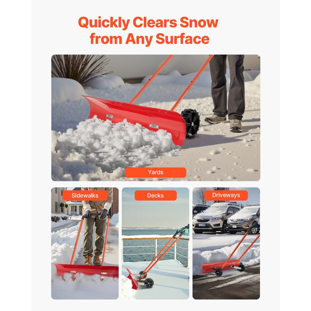 VEVOR Snow Pusher Shovel with Wheels, 37.8 in Wheeled Snowplow Shovel with Bi-Directional Angled Blade & 90° Adjustable Handle, Durable Plastic Winter Shovels, Portable Snow Removal Tool for Driveway