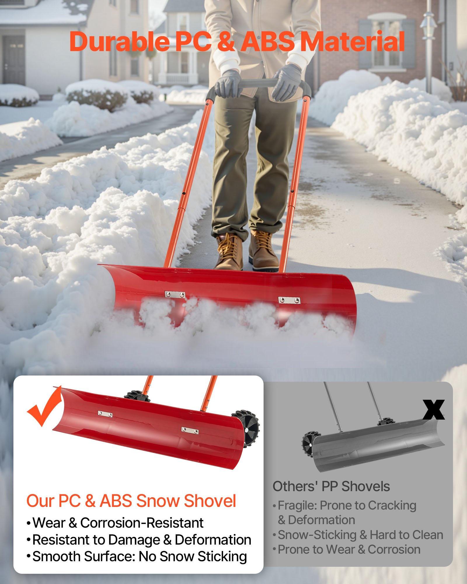 VEVOR Snow Pusher Shovel with Wheels, 37.8 in Wheeled Snowplow Shovel with Bi-Directional Angled Blade & 90° Adjustable Handle, Durable Plastic Winter Shovels, Portable Snow Removal Tool for Driveway