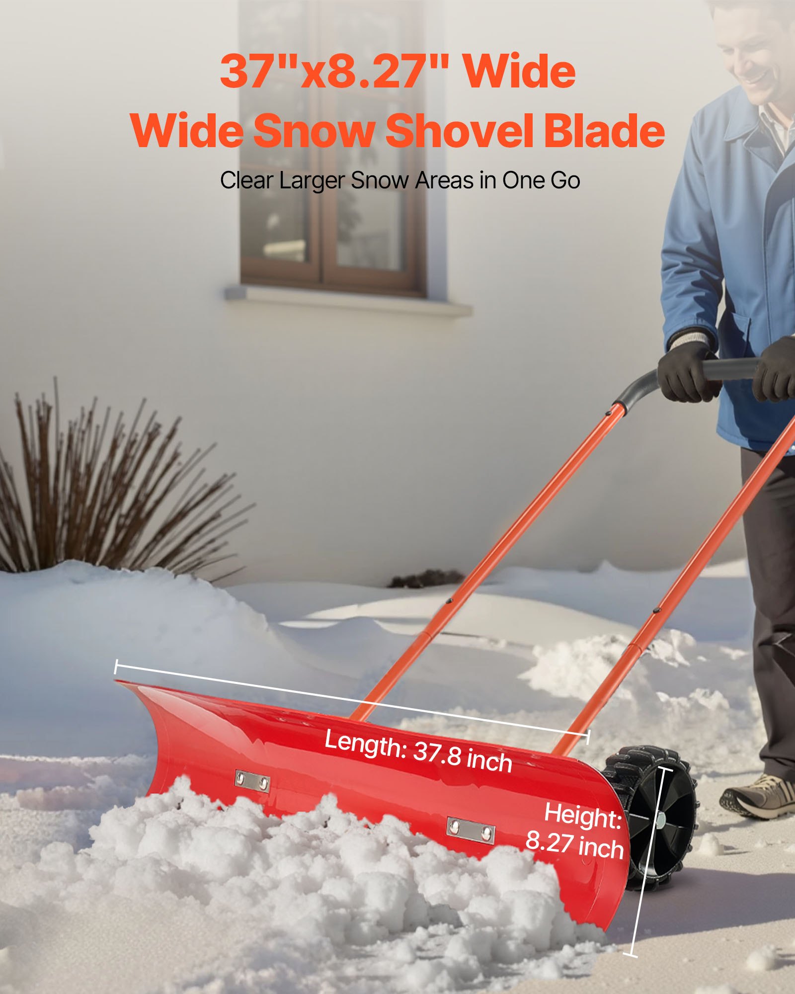 VEVOR Snow Pusher Shovel with Wheels, 37.8 in Wheeled Snowplow Shovel with Bi-Directional Angled Blade & 90° Adjustable Handle, Durable Plastic Winter Shovels, Portable Snow Removal Tool for Driveway