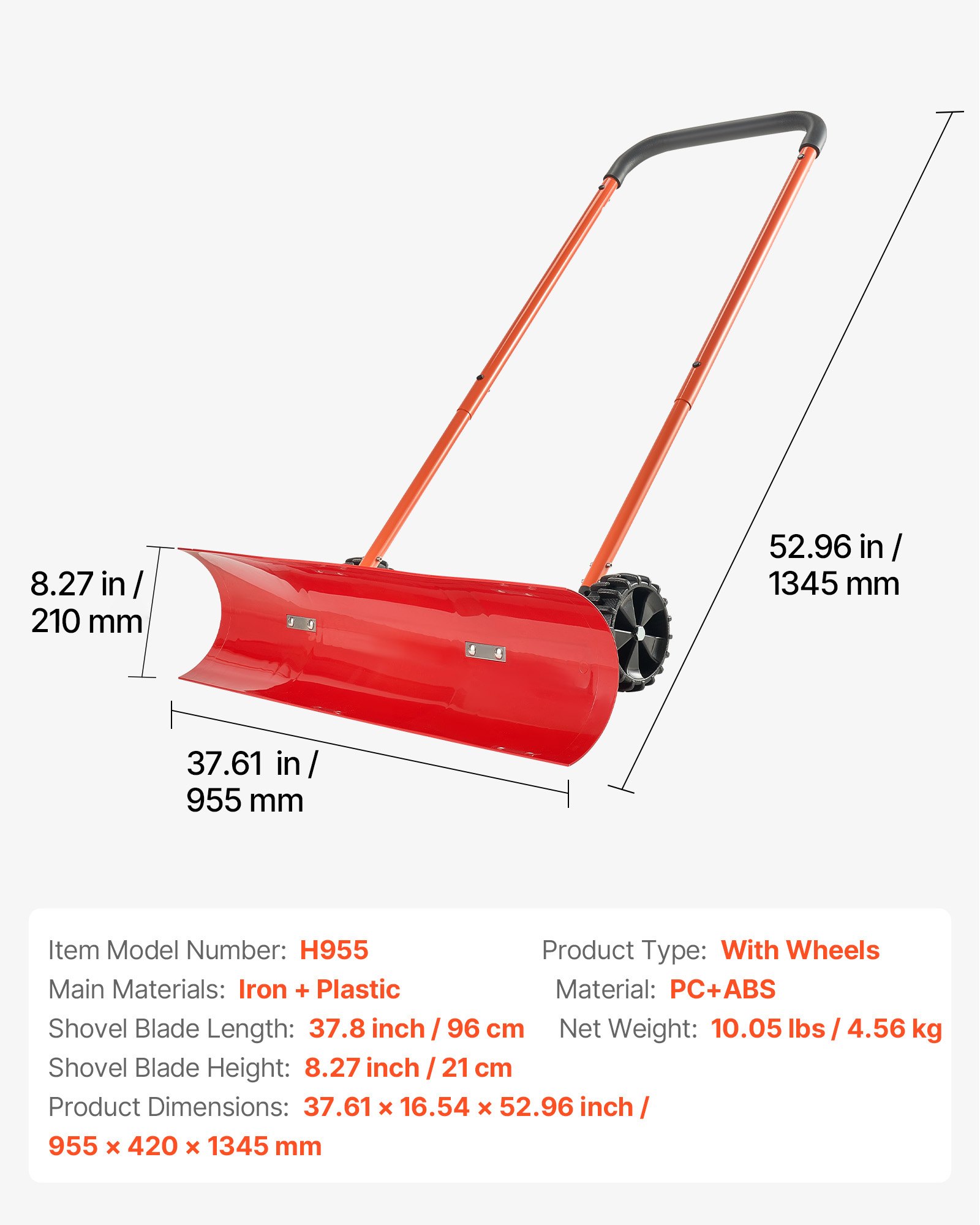 VEVOR Snow Pusher Shovel with Wheels, 37.8 in Wheeled Snowplow Shovel with Bi-Directional Angled Blade & 90° Adjustable Handle, Durable Plastic Winter Shovels, Portable Snow Removal Tool for Driveway