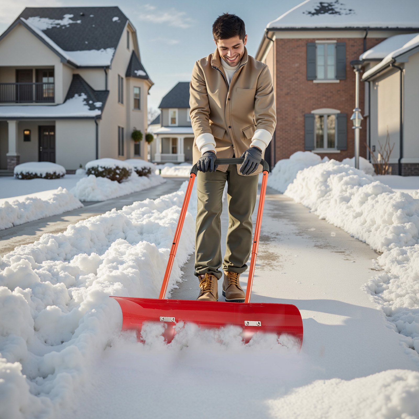VEVOR Snow Pusher Shovel with Wheels, 37.8 in Wheeled Snowplow Shovel with Bi-Directional Angled Blade & 90° Adjustable Handle, Durable Plastic Winter Shovels, Portable Snow Removal Tool for Driveway