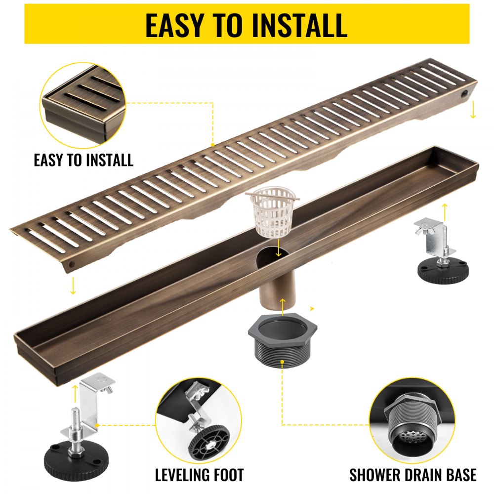 VEVOR Linear Drain 304 Stainless Steel 24x2.75in Linear Tile Drain 30L/Min High Flow Capacity Invisible Drain with ''V'' Shape Shower Floor Drain for Kitchens, Bathrooms, Garages.