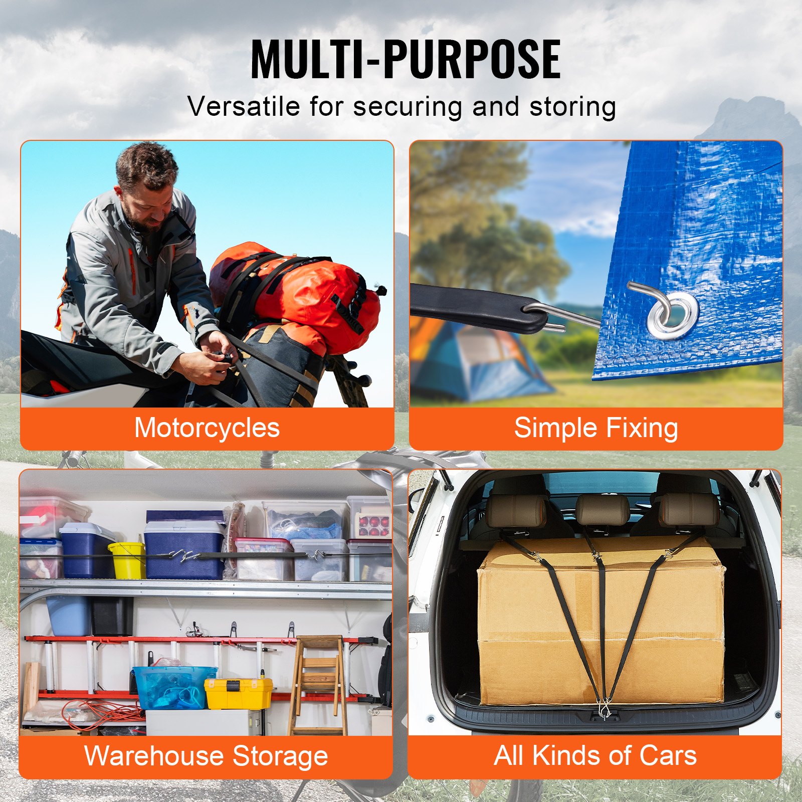 VEVOR 50 Piece Flat Bungee Cord, 19.8 mm Heavy Duty Bungee Straps with Steel S-Hooks, 31" Elastic Bungee Rope for Cargo, Tarps, Trucks and Tent, Black