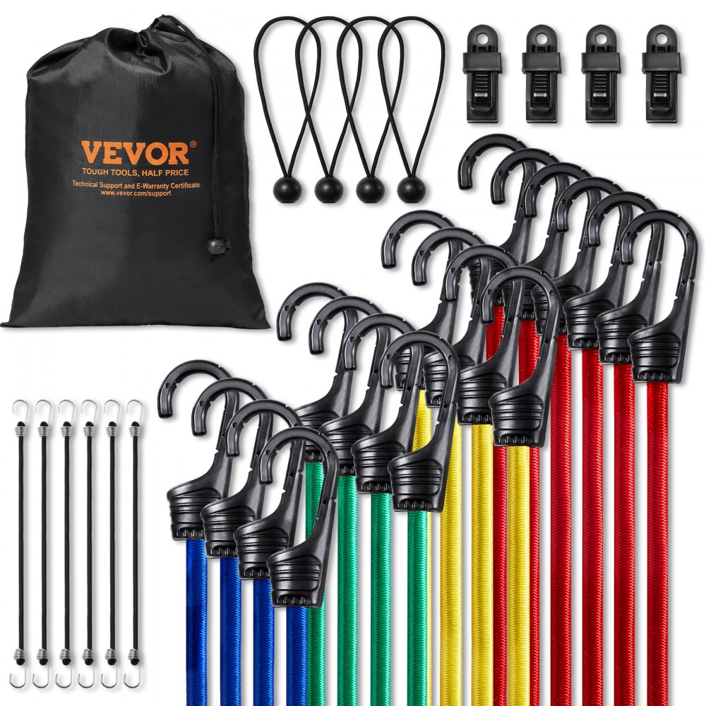 VEVOR Sada 32 ks bungee kabelů 8 mm Heavy Duty Bungee popruhy s ocelovými háčky A3