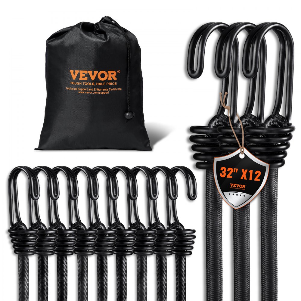 VEVOR 12 Pcs Bungee Cords with Hooks 32 In Heavy Duty Bungee Straps 8 mm Black