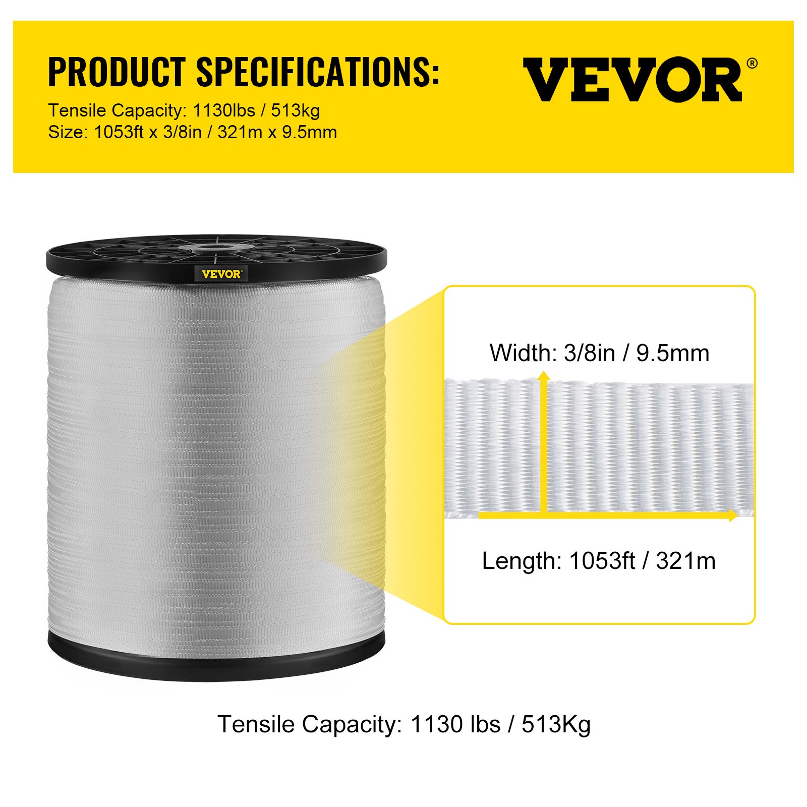 VEVOR 1130Lbs Polyester Pull Tape, 1053' x 3/8" Flat Tape for Wire & Cable Conduit Work Variable Functions, Flat Rope for Pulling/Loading/Packing in Any Weather CONDITON