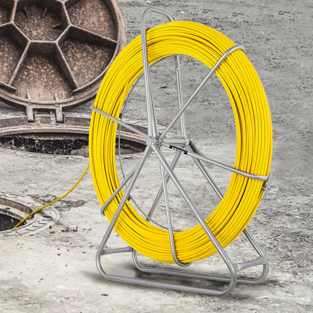 VEVOR fiberglass fish tape on stand near manholes on concrete background.