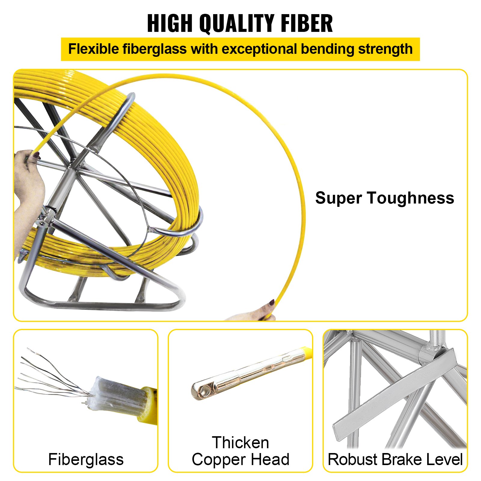 VEVOR fiberglass fish tape with flexible fiberglass, copper head, and brake lever.