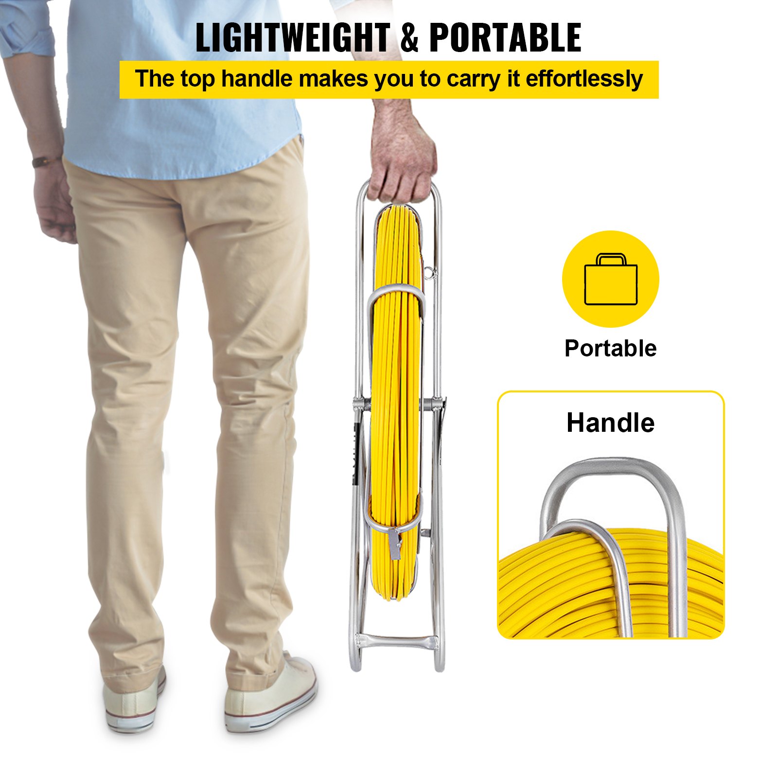 person holding VEVOR fiberglass fish tape with a portable handle, showcasing its lightweight design.