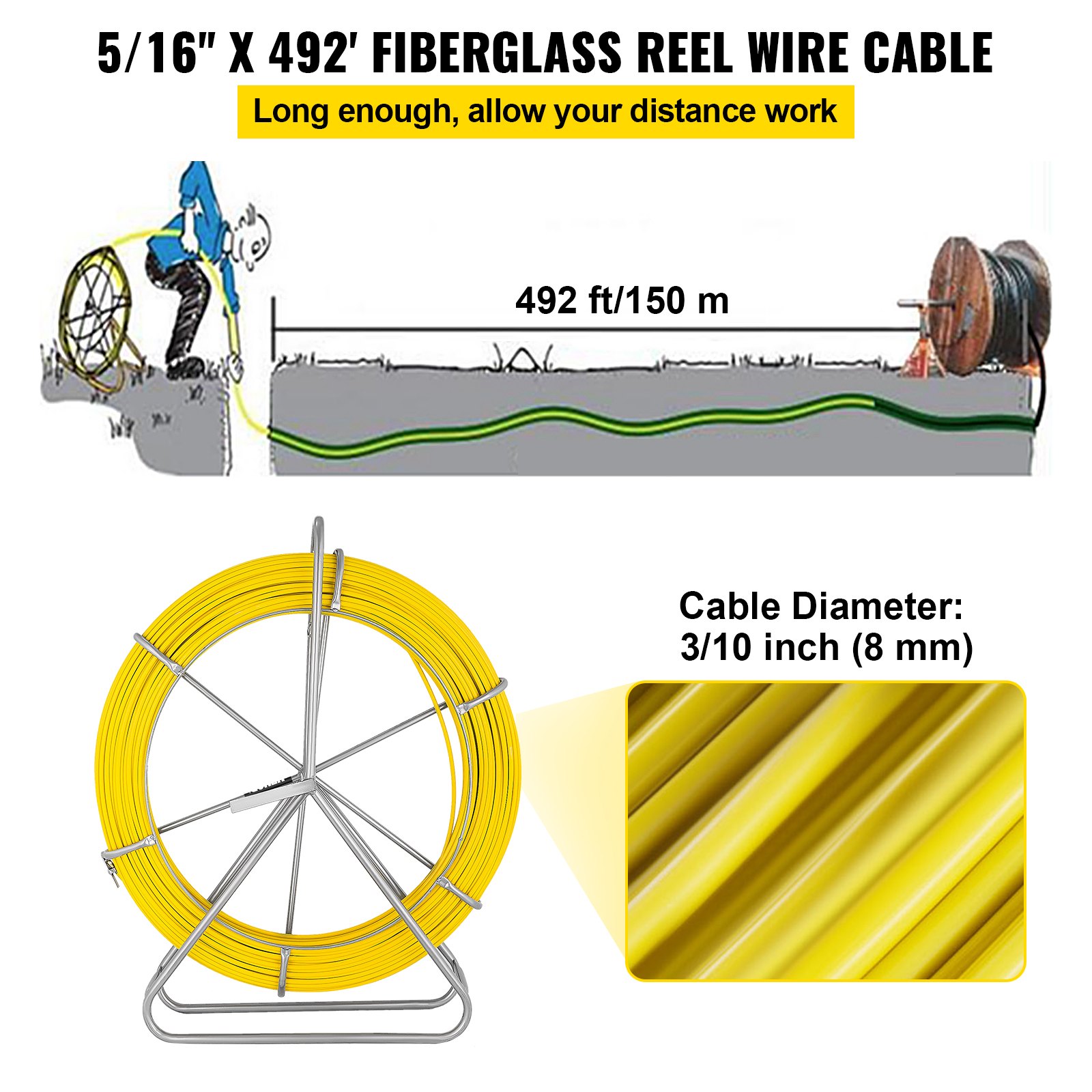 VEVOR Fish Tape  8mm  Fishtape Puller 8mmx150m Fiberglass Wire Cable Rodder 150m/492ft Running Rod Duct