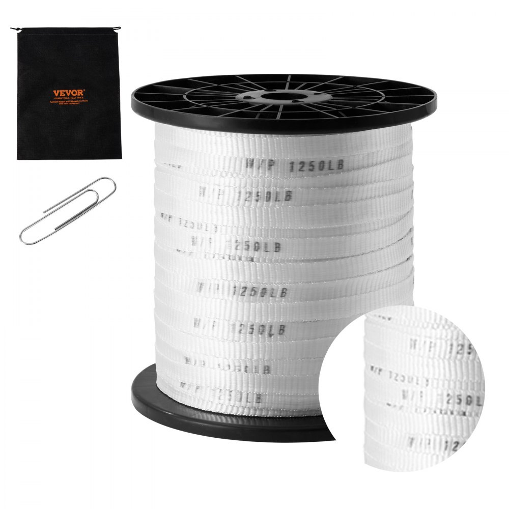 VEVOR Polyester-trekktape, 1/2" x 528' Mule-tape flatt tau, 1250 lbf strekkkapasitet, trykt nettkabel-trekketape for emballasje, hagearbeid, elektrisk elektrisk, rørarbeid, hvit