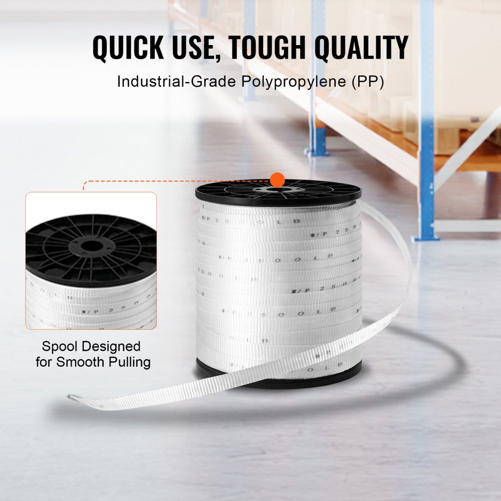 VEVOR Polyester Pull Tape, 1.9 cm x 160.9 m Mule Tape Flat Rope, 1134 kgf Tensile Capacity, Printed Webbing Cable Pulling Tape for Packaging, Gardening, Commercial Electrical, Conduit Work, White