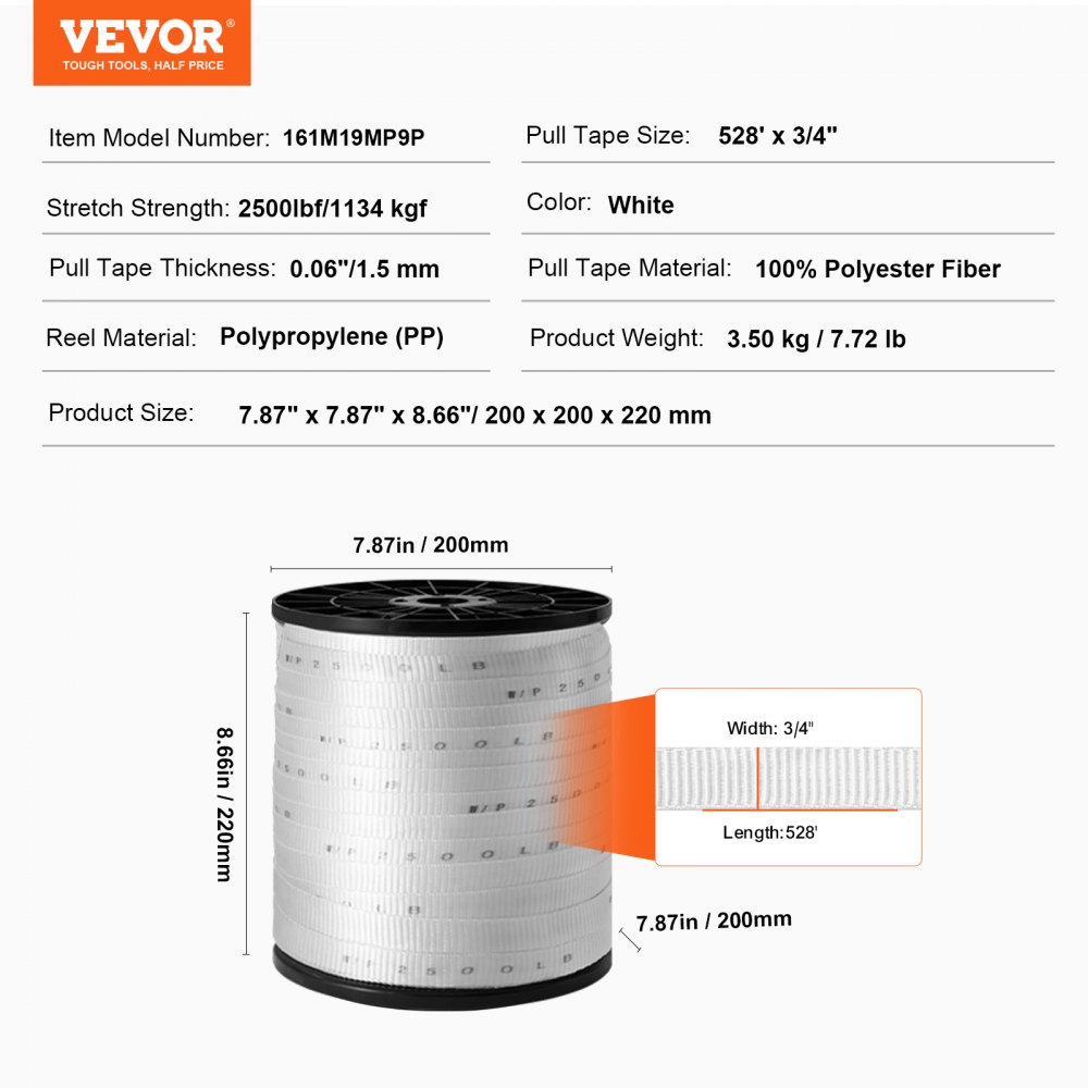 VEVOR Polyester Pull Tape, 1.9 cm x 160.9 m Mule Tape Flat Rope, 1134 kgf Tensile Capacity, Printed Webbing Cable Pulling Tape for Packaging, Gardening, Commercial Electrical, Conduit Work, White