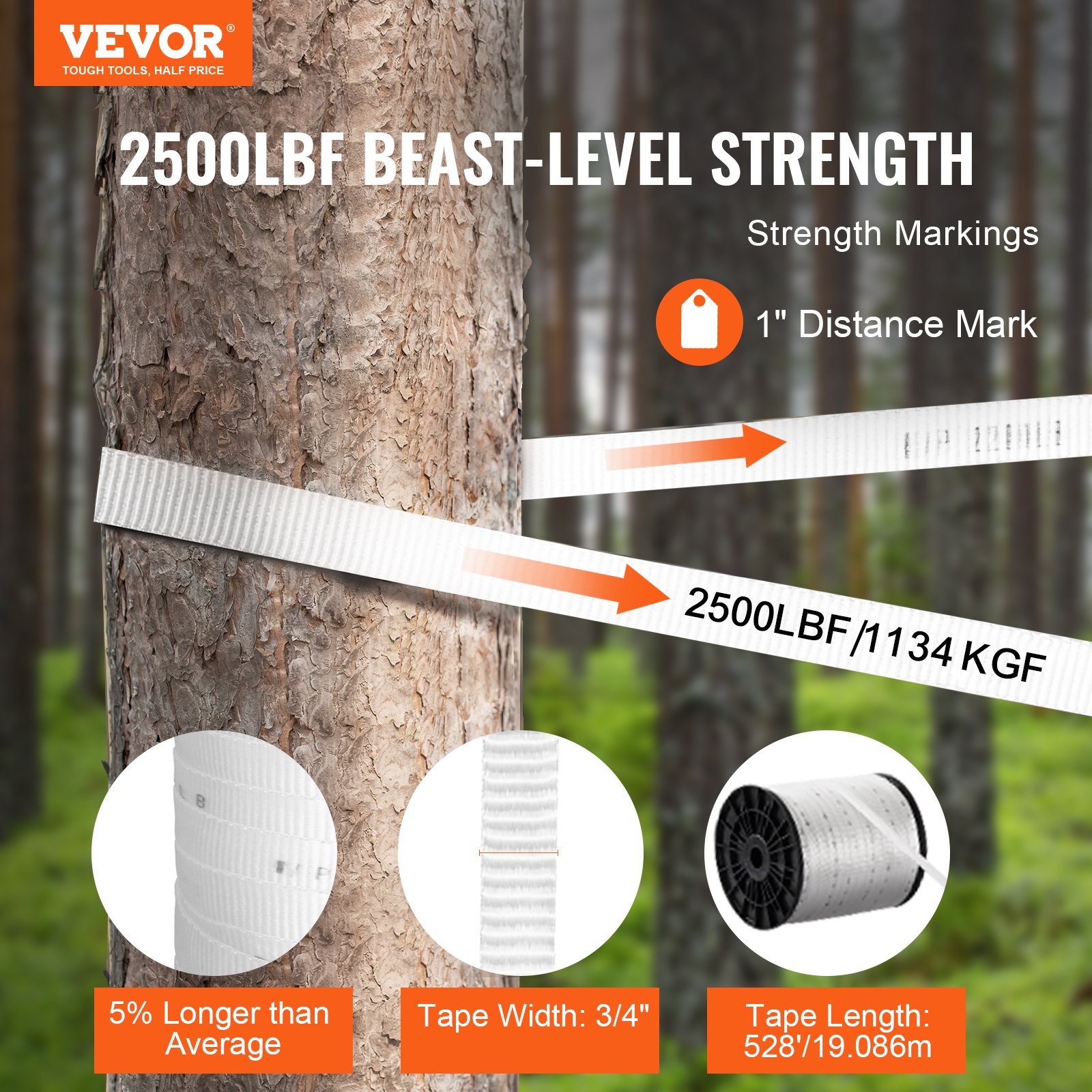 VEVOR Polyester Pull Tape, 1.9 cm x 160.9 m Mule Tape Flat Rope, 1134 kgf Tensile Capacity, Printed Webbing Cable Pulling Tape for Packaging, Gardening, Commercial Electrical, Conduit Work, White