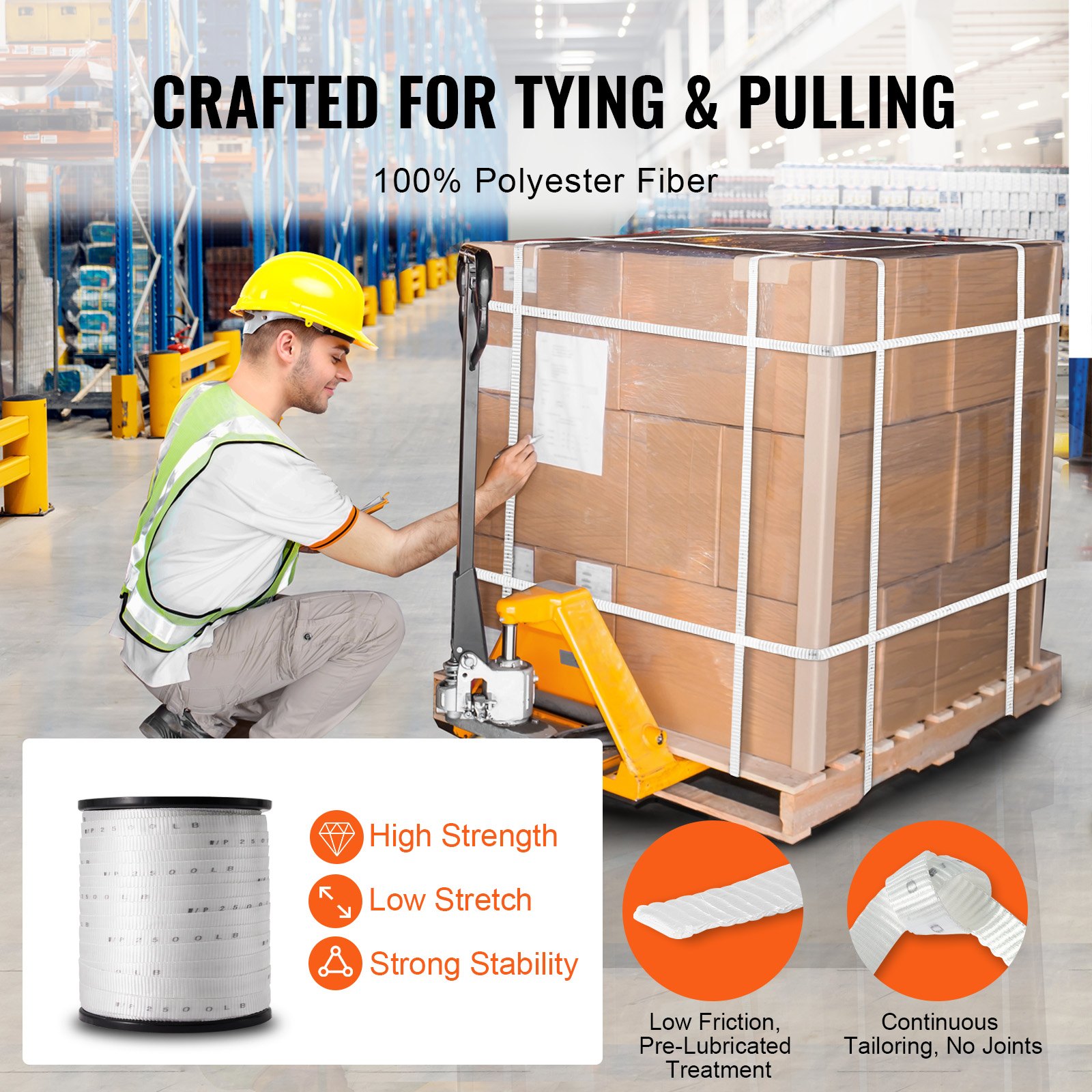 VEVOR Polyester Pull Tape, 1.9 cm x 160.9 m Mule Tape Flat Rope, 1134 kgf Tensile Capacity, Printed Webbing Cable Pulling Tape for Packaging, Gardening, Commercial Electrical, Conduit Work, White