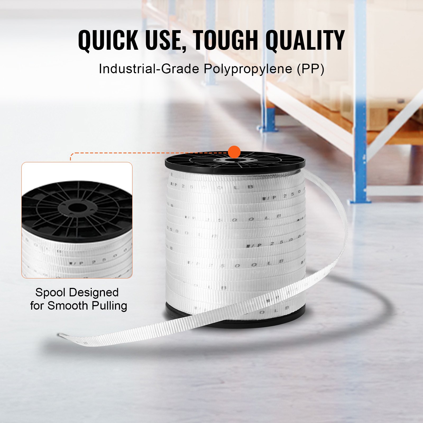 VEVOR Polyester Pull Tape, 1.9 cm x 160.9 m Mule Tape Flat Rope, 1134 kgf Tensile Capacity, Printed Webbing Cable Pulling Tape for Packaging, Gardening, Commercial Electrical, Conduit Work, White