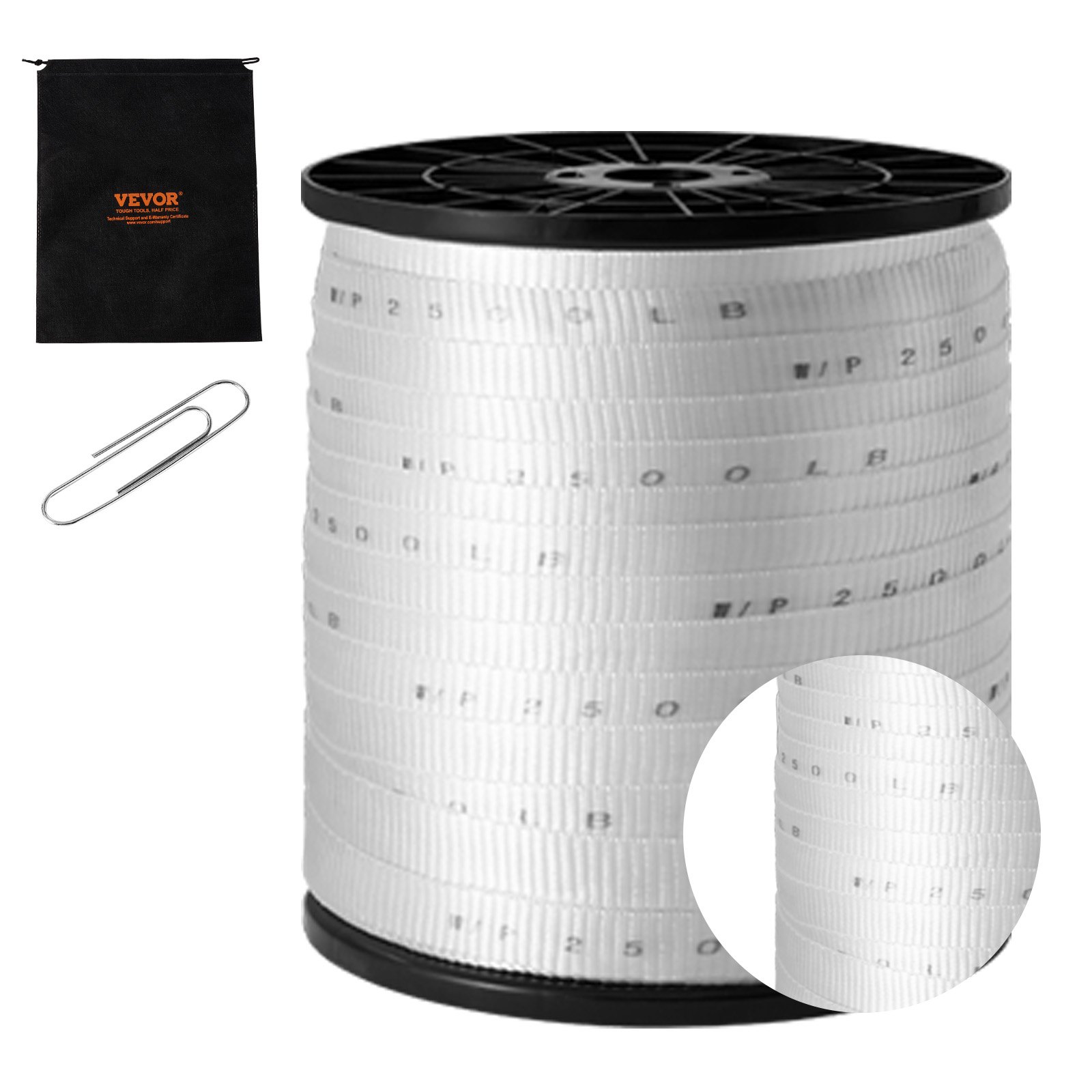 VEVOR Polyester Pull Tape, 1.9 cm x 160.9 m Mule Tape Flat Rope, 1134 kgf Tensile Capacity, Printed Webbing Cable Pulling Tape for Packaging, Gardening, Commercial Electrical, Conduit Work, White