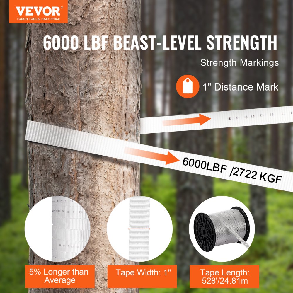 VEVOR Polyester Pull Tape, 1" x 528' Mule Tape Flat Rope, 6000 lbf Tensile Capacity, Printed Webbing Cable Pulling Tape for Packaging, Gardening, Commercial Electrical, Conduit Work, White