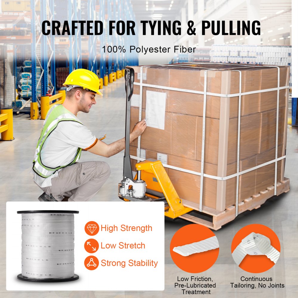 VEVOR Polyester Pull Tape, 1" x 528' Mule Tape Flat Rope, 6000 lbf Tensile Capacity, Printed Webbing Cable Pulling Tape for Packaging, Gardening, Commercial Electrical, Conduit Work, White