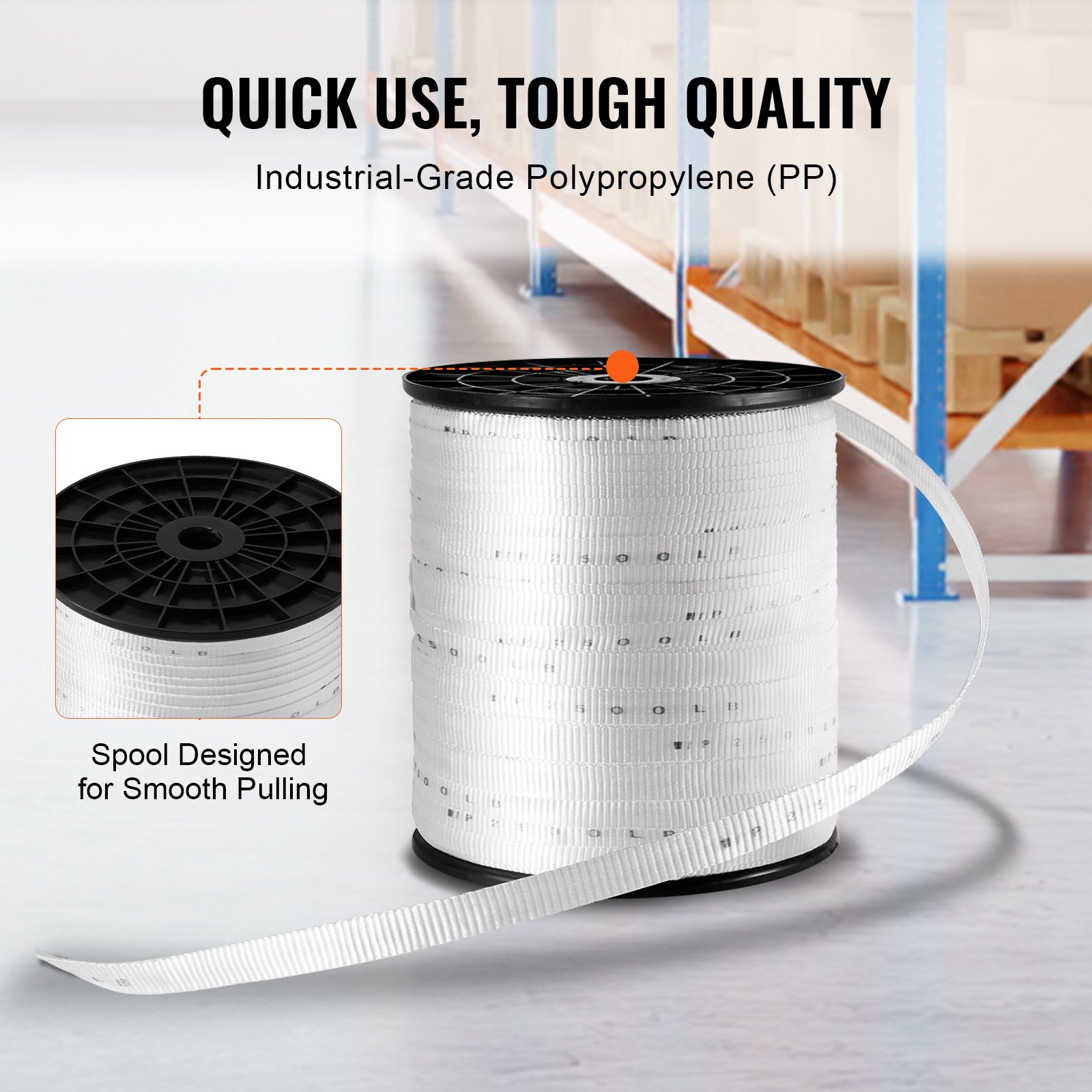 VEVOR Polyester Pull Tape, 1.9 cm x 321 m Mule Tape Flat Rope, 1134 kgf Tensile Capacity, Printed Webbing Cable Pulling Tape for Packaging, Gardening, Commercial Electrical, Conduit Work, White