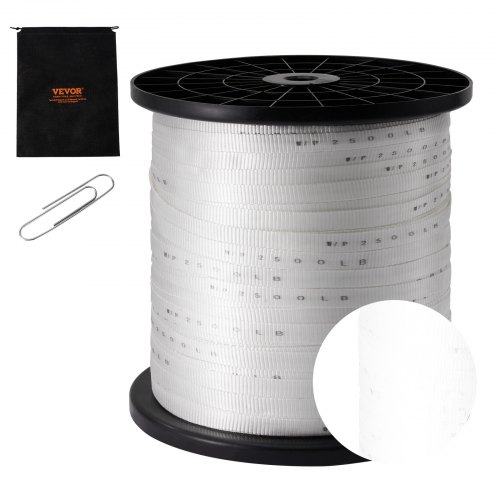 VEVOR Polyester Pull Tape, 3/4" x 2103' Mule Tape Flat Rope, 2500 lbf Tensile Capacity, Printed Webbing Cable Pulling Tape for Packaging, Gardening, Commercial Electrical, Conduit Work, White