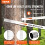 VEVOR polyester pull tape wrapped around a tree in a forest, highlighting 6000 lbf strength and 1" marks.