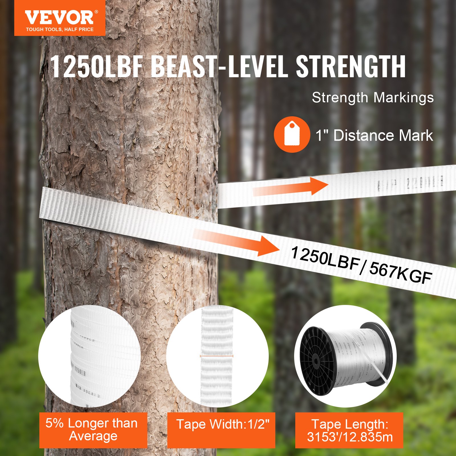 VEVOR Polyester Pull Tape, 1.3 cm x 961 m Mule Tape Flat Rope, 567 kgf Tensile Capacity, Printed Webbing Cable Pulling Tape for Packaging, Gardening, Commercial Electrical, Conduit Work, White