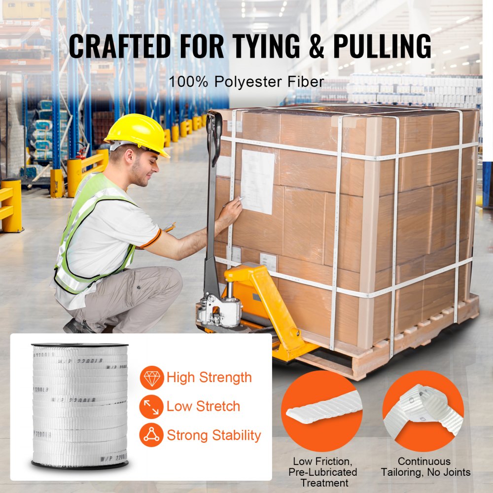 VEVOR Polyester Pull Tape, 5/8" x 318' Mule Tape Flat Rope, 2200 lbf Tensile Capacity, Printed Webbing Cable Pulling Tape for Packaging, Gardening, Commercial Electrical, Conduit Work, White
