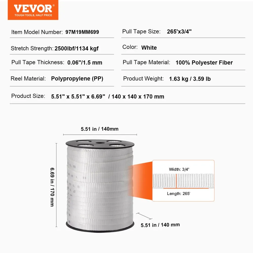 VEVOR polyester pull tape, 265&#039;x3/4&quot;, 2500lbf strength, white, polypropylene reel.