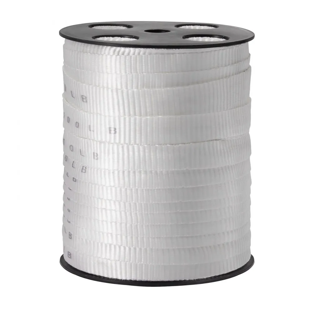 white VEVOR polyester pull tape on black reel, marked with load ratings. durable and strong pulling tape.