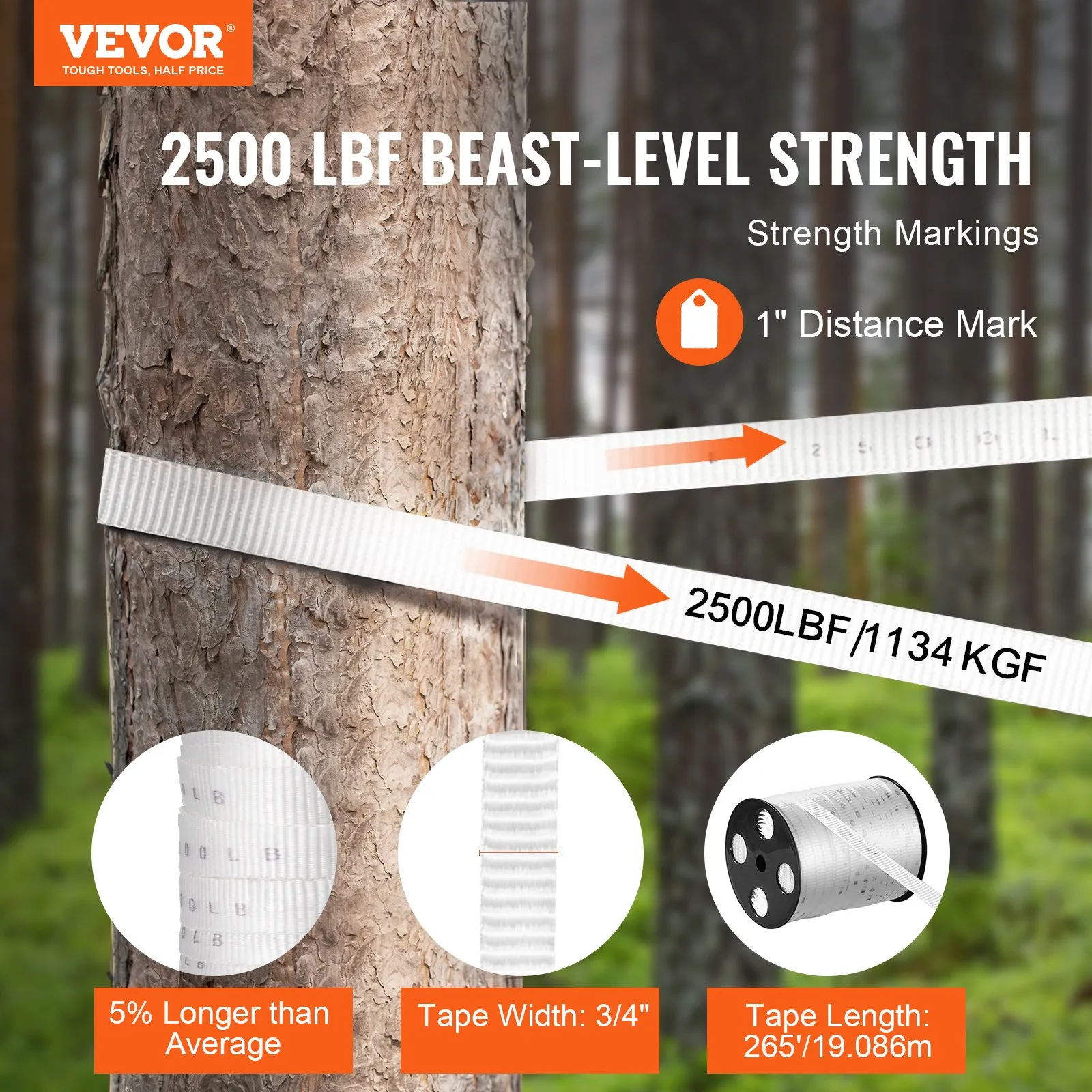 VEVOR polyester pull tape, 2500 lbf strength with 1&quot; markings wrapped around a tree. tape width: 3/4&quot;.