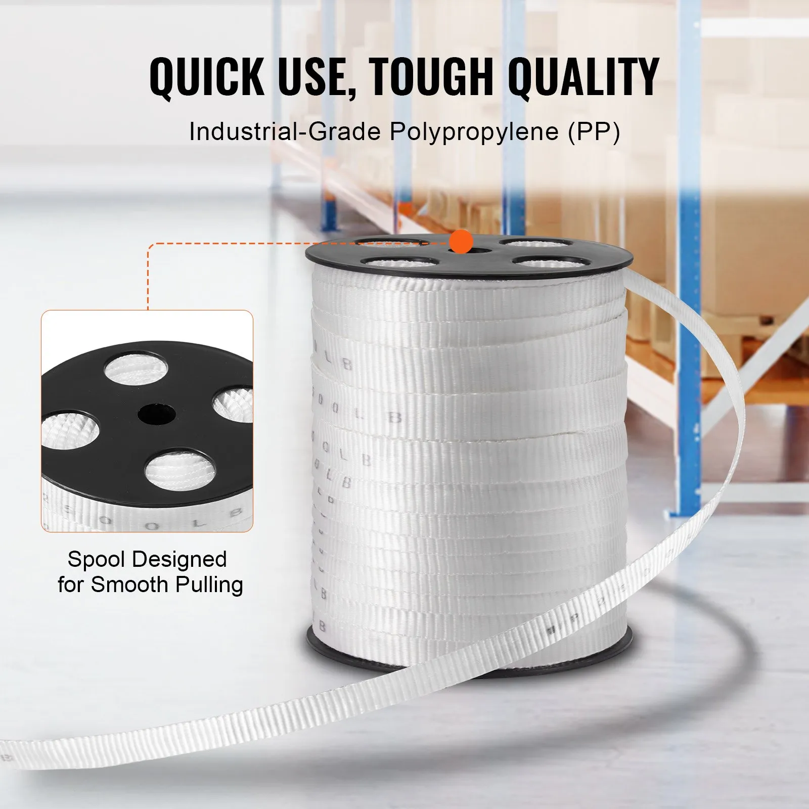 VEVOR polyester pull tape on spool with smooth pulling design, made of industrial-grade polypropylene.