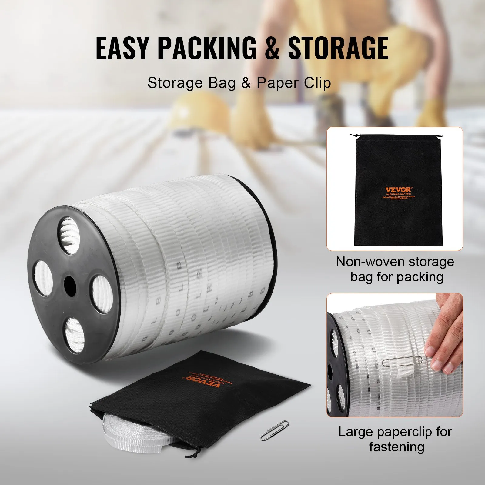 VEVOR polyester pull tape on a reel with non-woven storage bag and large paperclip for fastening.