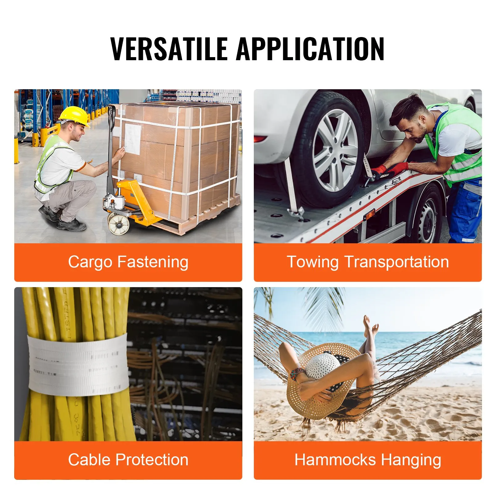 versatile application of VEVOR polyester pull tape for cargo fastening, towing, cable protection, and hammocks.
