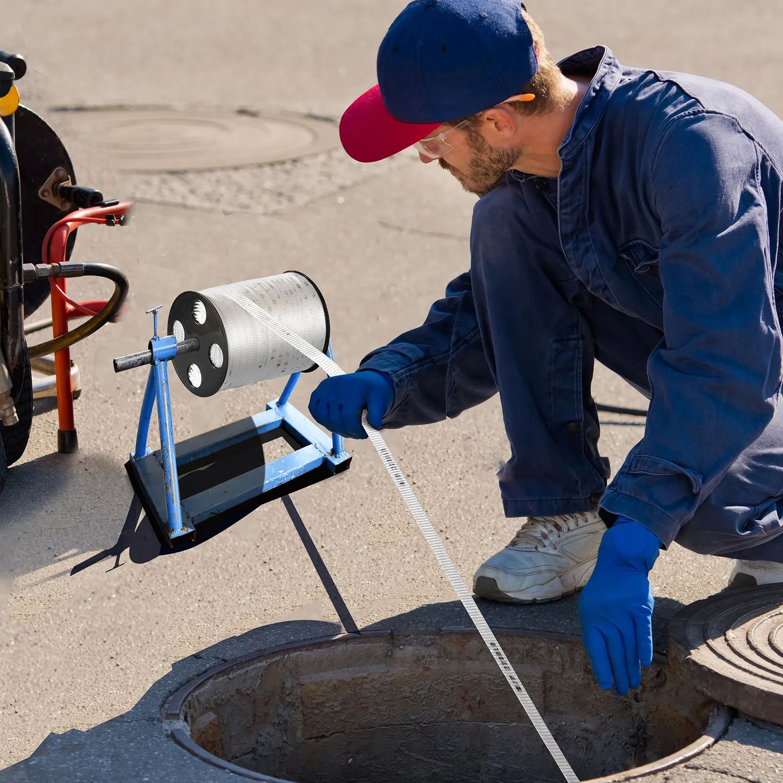 man using VEVOR polyester pull tape for underground work near a manhole with protective gloves.